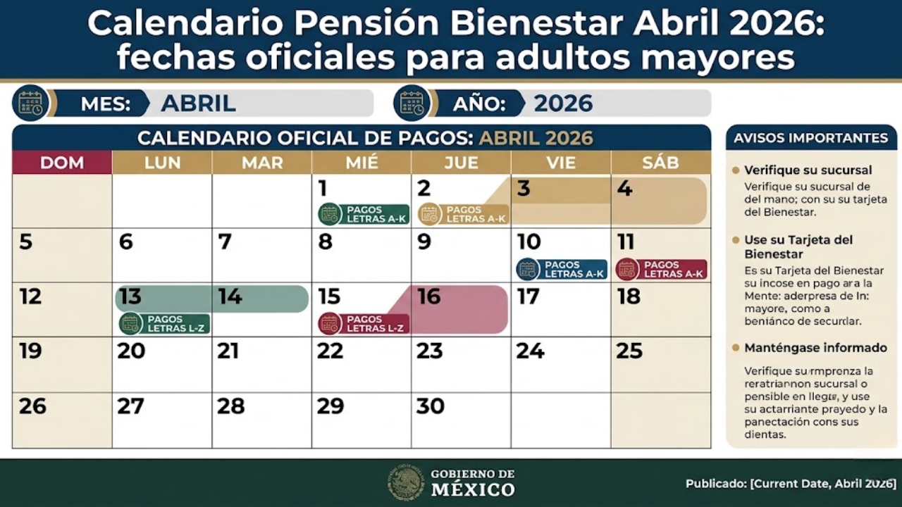 Calendario Pensión Bienestar Abril 2026: fechas oficiales para adultos mayores